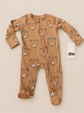 NWT Tea Collection Tan Bear Print Footed One-Piece